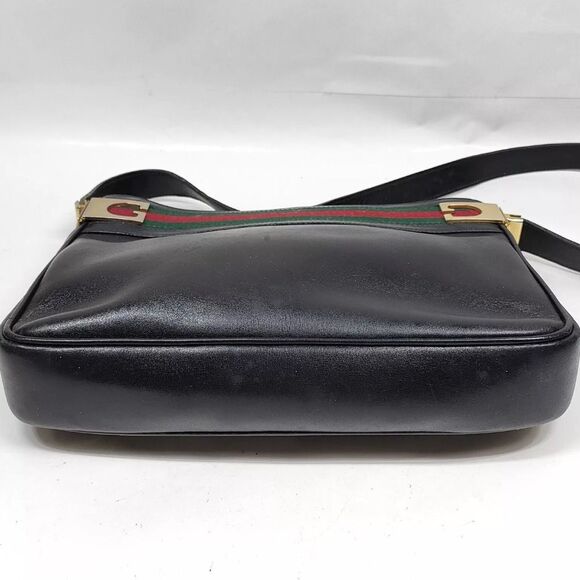 Auth Old Vintage Gucci Black Polished Leather Sherry Line Web Shoulder Bag - Picture 5 of 9